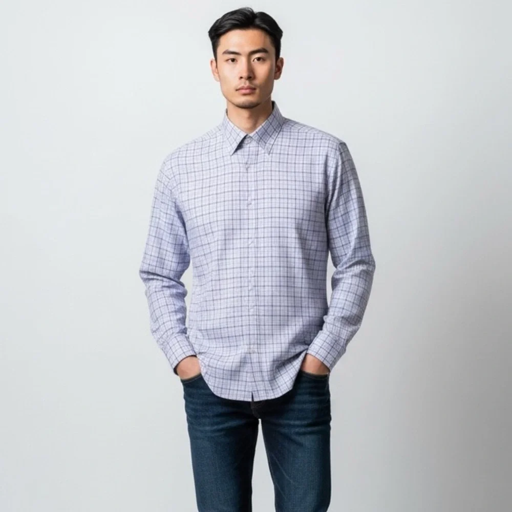 Jos A Bank Traveler Men'sTraditional Fit Lavender Check Shirt Size 16/34 - Picture 2 of 14